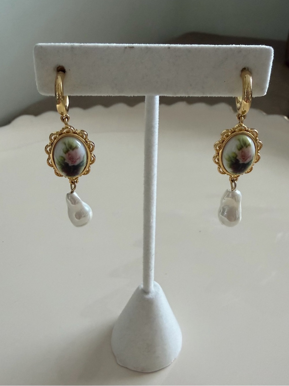 Vintage 1928 Co Rose Cameo Pearl Drop Earrings